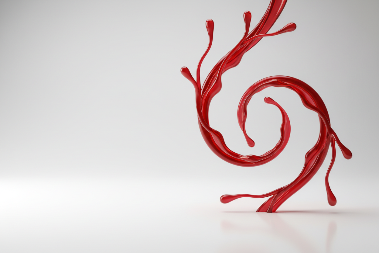 A clean, premium hero background for a nitric oxide supplement called BloodFlow. Abstract flowing red liquid inspired by blood circulation, soft motion, medical yet modern feel. White and light gray background, high contrast, minimal, no text, no logos, no packaging, no people. Large empty space on the left for headline and CTA. Studio lighting, high resolution, realistic, professional e-commerce hero background.